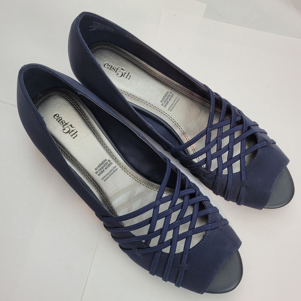 East‎ 5th Grace Wedge 024-2842 Navy Blue Strappy Peep Toe Low Heel Sandals 9.5M